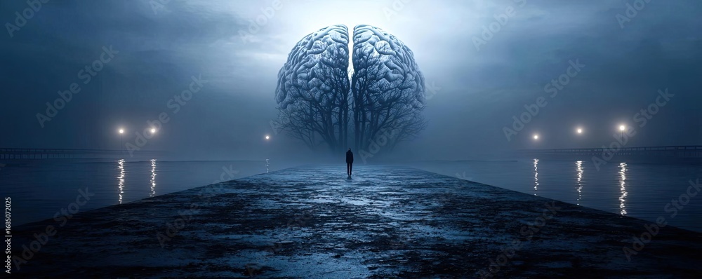 Poster brain fog and concentration problems concept. a surreal representation of an abstract brain in a mis