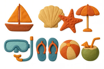 Clay art summer icons: beach, sailing, and relaxation elements
