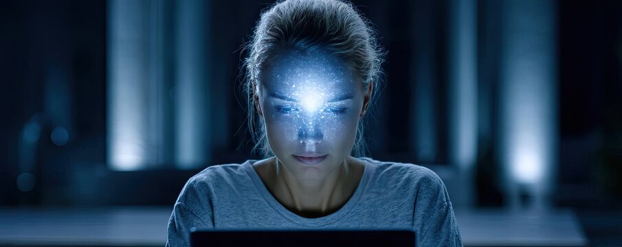 Brain fog and concentration problems concept. Young woman focused on laptop screen in a dark setting.
