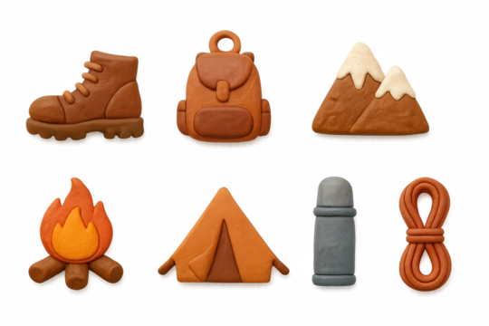 Clay style outdoor adventure icons featuring camping and hiking equipment
