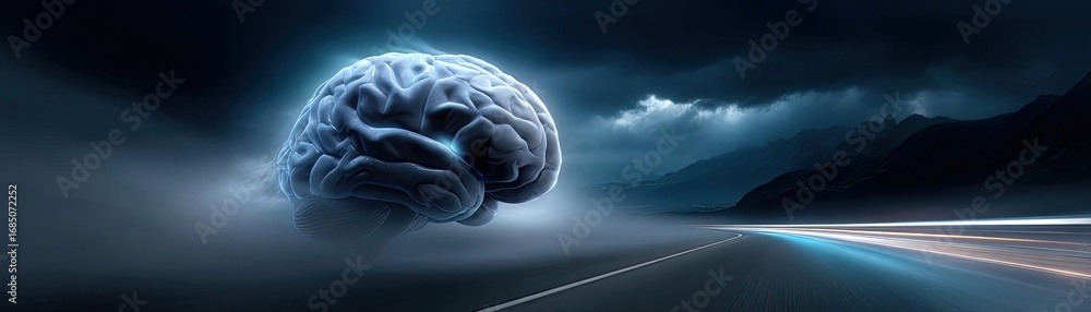 Aufkleber brain fog and concentration problems concept. a surreal depiction of a brain floating on a foggy roa