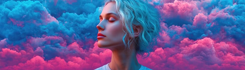Fototapeta premium Brain fog and concentration problems concept. A serene portrait of a woman amidst vibrant clouds of color.