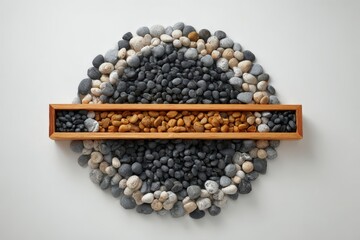 A wooden box containing different colored pebbles sits amidst a circular arrangement of various sized stones.