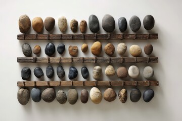 A serene arrangement of various stones, artfully displayed on rustic wooden beams, creating a visually calming and minimalist design.