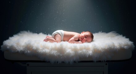 Peaceful newborn baby sleeping on soft white cloud surface against dark background. Dreamy infant portrait with angelic atmosphere. Birth announcement and maternity concept banner