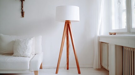 Modern Minimalist Floor Lamp in Bright Living Room with Soft White Sofa and Natural Light