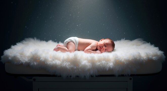 Peaceful newborn baby sleeping on soft white cloud surface against dark background. Dreamy infant portrait with angelic atmosphere. Birth announcement and maternity concept banner - Powered by Adobe