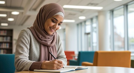 Smiling Muslim student in hijab taking notes in modern library. Young woman studying and learning at university. Higher education and academic success concept for banner