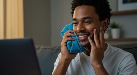 Happy african american man talking on smartphone while relaxing at home with laptop computer. Positive communication and remote work lifestyle. Technology banner