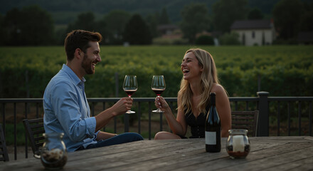 Happy caucasian couple toasting with red wine glasses on romantic vineyard terrace during golden hour. Wine tasting and luxury dining experience concept banner