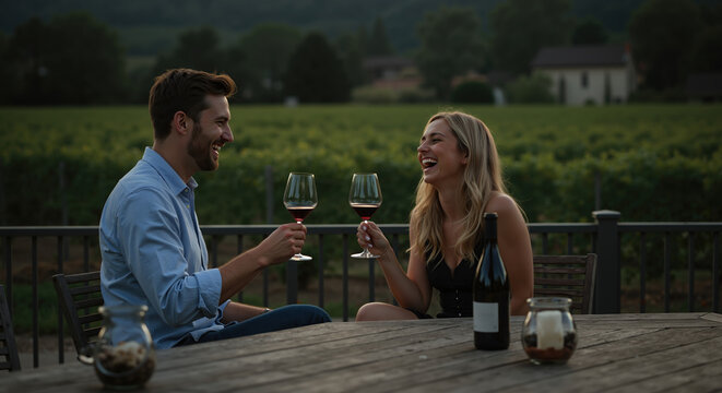 Happy caucasian couple toasting with red wine glasses on romantic vineyard terrace during golden hour. Wine tasting and luxury dining experience concept banner