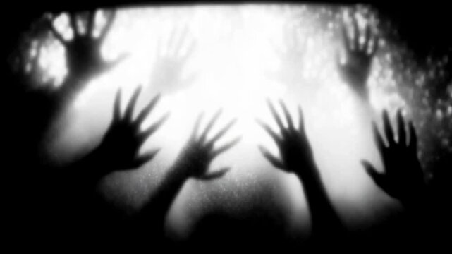 Dark, blurred silhouette of human hands and zombie palms on a white, foggy background in slow motion. Halloween concept