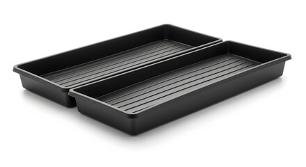 Dark Tray Duo: A pair of sleek, black trays with a ridged texture, presented in a simple, clean studio setting. Showcasing functional design and minimalist appeal.