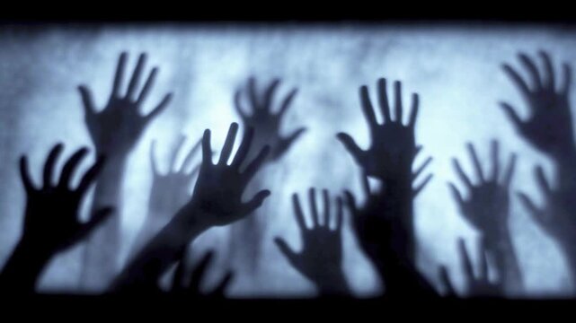 Dark, blurred silhouette of human hands and zombie palms on a white, foggy background in slow motion