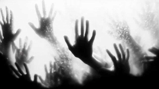 Dark, blurred silhouette of human hands and zombie palms on a white, foggy background in slow motion. Halloween concept
