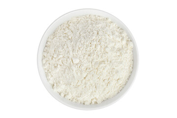 White flour in ceramic bowl isolated on white background. Top view. Flat lay.