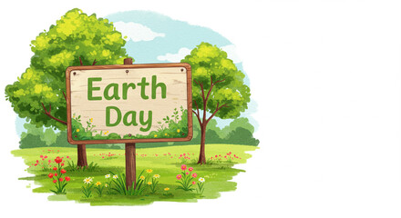 Earth Day sign in a park surrounded by green trees and flowers  
