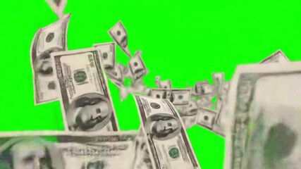Close-Up of Flying Dollar Bills on Green Screen floating and rotating US banknotes on a chroma key background for financial video effect - Powered by Adobe