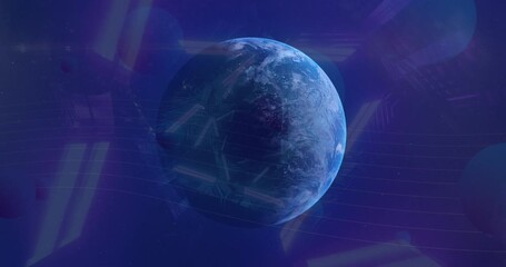 Animation of neon triangles spinning over earth globe and outer space - Powered by Adobe
