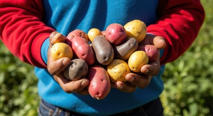 Hands holding colorful variety of fresh potatoes from garden harvest. Farmer displaying organic root vegetables with different shapes and colors. Sustainable agriculture and local farming concept