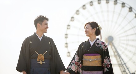 Happy Japanese couple in traditional kimono clothing standing before ferris wheel. Asian man and woman wearing formal cultural attire at amusement park. Japanese wedding and cultural celebration