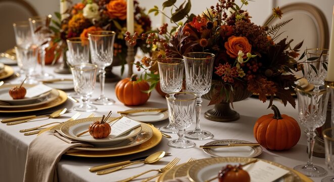 Elegant thanksgiving dinner table set with autumn flowers pumpkins and crystal glasses. Festive holiday dining room decorated for family gathering celebration. Thanksgiving tradition and hospitality