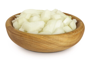 Onion slices in a wooden bowl isolated on a white background