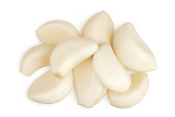 garlic cloves isolated on white background close up. Top view. Flat lay.