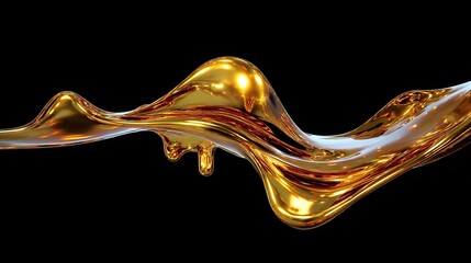 A dynamic, flowing form of lustrous golden liquid, elegantly curved against a stark black backdrop, exhibiting highlights and a sense of motion, with a single droplet descending