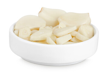 garlic cloves slices in ceramic bowl isolated on white background close up