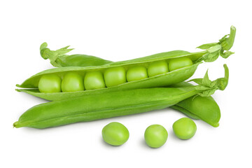 Fresh green pea pod with beans isolated on white background