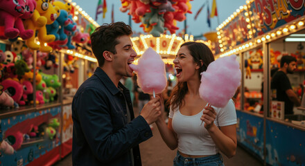 Happy young couple sharing cotton candy together at colorful carnival with bright lights and festive atmosphere. Romance and amusement park fun banner