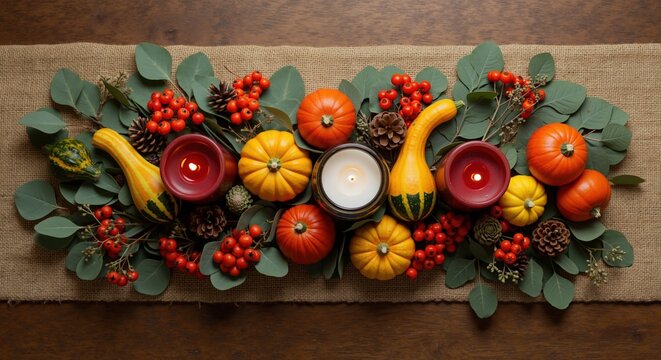 Autumn table centerpiece with pumpkins berries pinecones candles and eucalyptus leaves. Seasonal thanksgiving decoration arrangement on rustic wooden surface. Fall home decor and holiday styling