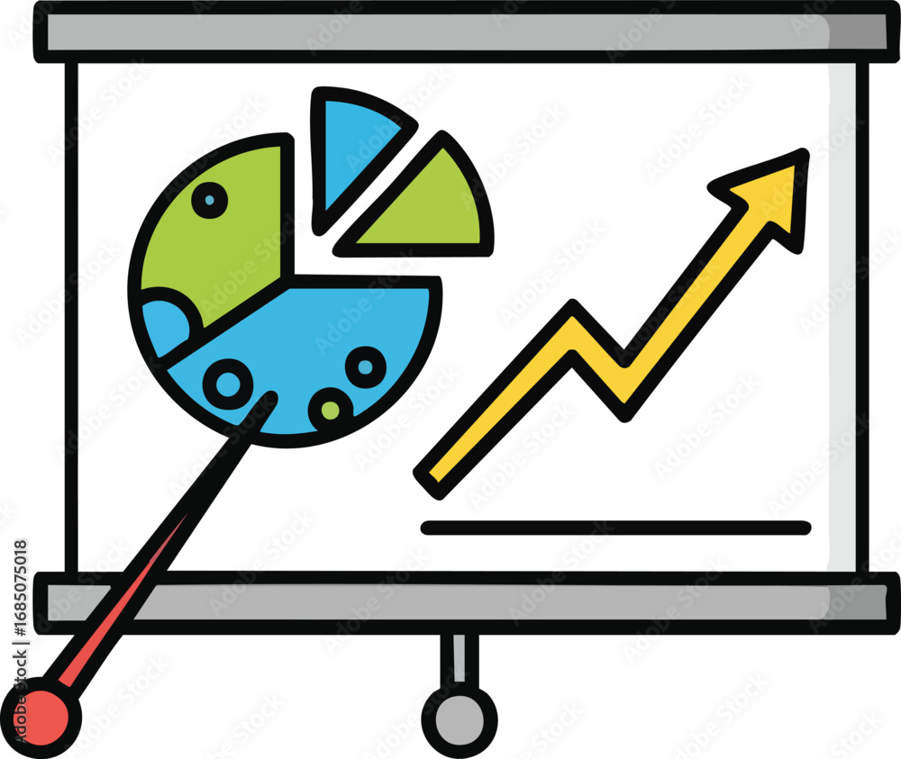 Poster a vibrant flat design illustration of a presentation board displaying a colorful pie chart and an up