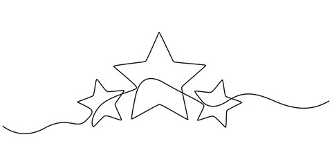 one line drawing three stars continuous handdrawn minimalism decorative art, Continuous one line drawing three star. Sketch vector illustration, Award symbol. Feedback concept. Vector illustration.