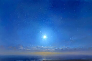 A serene and vibrant scene of a vast, clear sky dotted with countless stars, a brilliant sun, and soft clouds resting over a tranquil ocean.