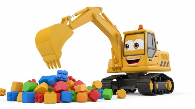 A cheerful, cartoon-style yellow excavator with smiling face lifts blocks of various colors from a pile on a white background