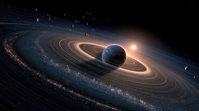 Vast galaxy with a glowing ringed planet and distant stars