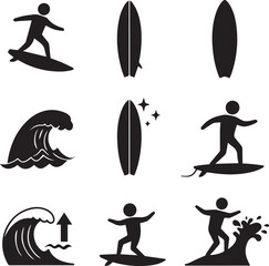 Assortment of black silhouette icons illustrating surfing, surfboards, and ocean waves on a white background