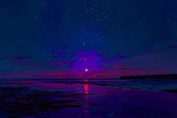 A vibrant sunset over a serene shoreline, painted with deep purples, blues, and pinks, under a starlit sky.