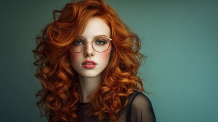 Redhead woman in glasses, teal background.