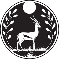 Black and White Gazelle Emblem with Crescent Moon and Stylized Landscape silhouette animal