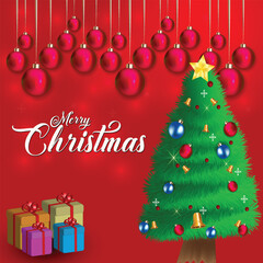 Flyer of Merry Christmas with Christmas tree, gift box, Christmas balls, snowflakes like decorative element's, 25th December banner for your design, can be used in invitation, greetings, promotion,