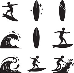 Set of black silhouette icons depicting surfing, surfboards, and ocean waves on a white background vector