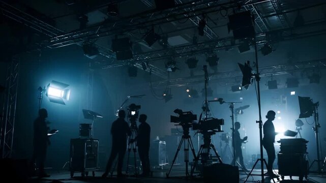 Film Crew Preparing Camera Setup in Studio Behind-the-scenes shot of a production crew preparing equipment in a film studio