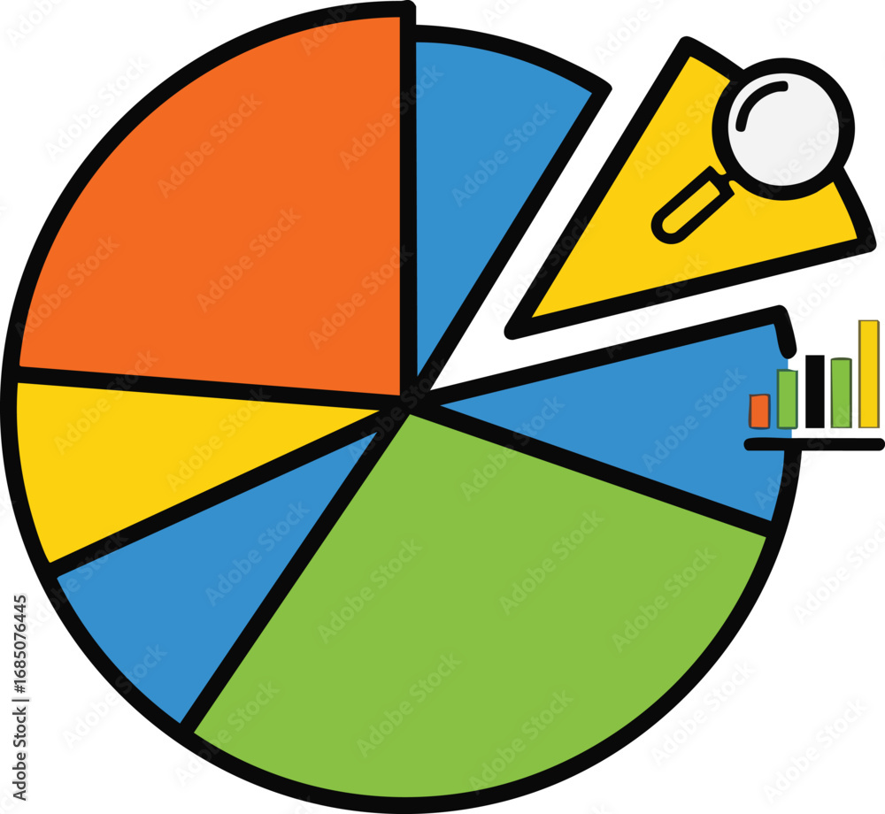 Poster colorful pie chart analysis. a graphic design of a segmented pie chart with a section highlighted by