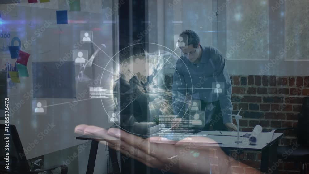 Poster animation of globe and data processing over caucasian businessman thinking