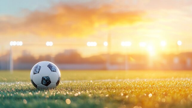 Exciting soccer match preparation stadium field sports action sunset glow ground level team spirit and competition