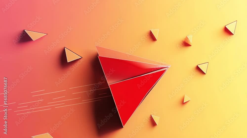 Poster red paper airplane flying with triangles on gradient background