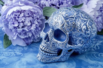 A decorative skull, intricately detailed with floral patterns, sits beside vibrant blue peonies.